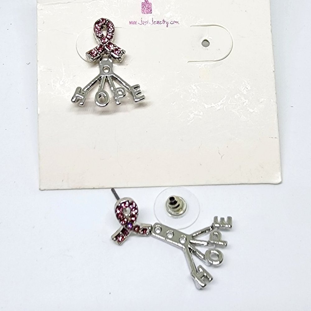 Just Jewelry Pink Rhinestone Cancer Ribbon Stud HOPE Ear Jacket Earrings
